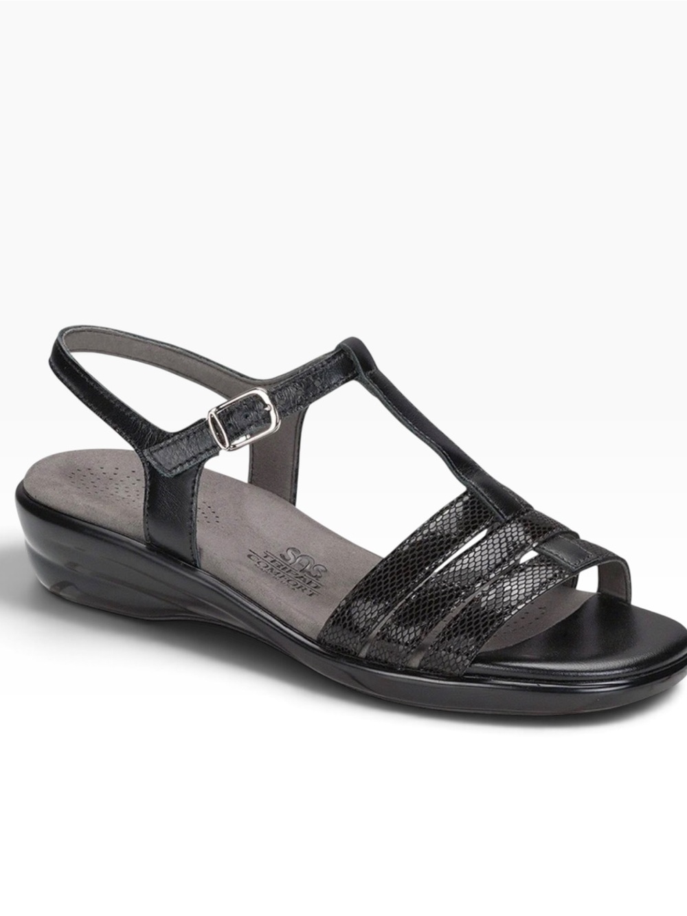 SAS Women’s Black Leather Capri  T-Strap Tripod Comfort Sandals 9 M